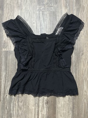 Audrey Parks Francesca's Black Lace Crochet Peplum Top Blouse Women's Size M