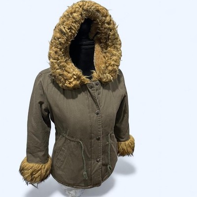 Fur Hood Sherpa Lined Faux Fur Jacket Green Size Women s S Boho Parka Indie Camp