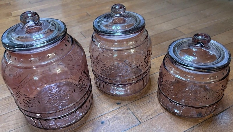 The Pioneer Woman Cassie Embossed Pink Glass Canister Set 3pc w/ Lids