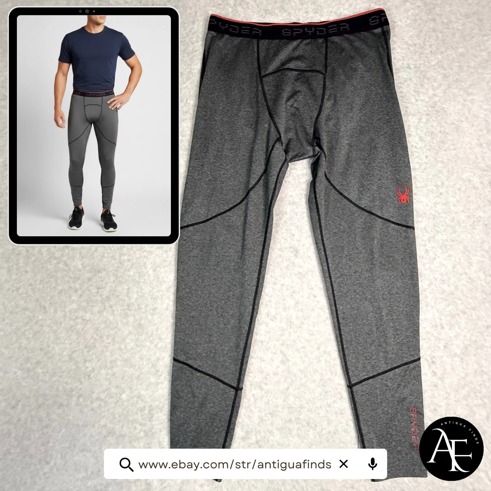 Spyder Mens ProWeb Compression Leggings Charcoal Gray Red Base Layer Pants L