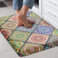 Boho Anti Fatigue Kitchen Mat, 3/5" Thick Foam Cushioned Kitchen Rug, Waterpr...