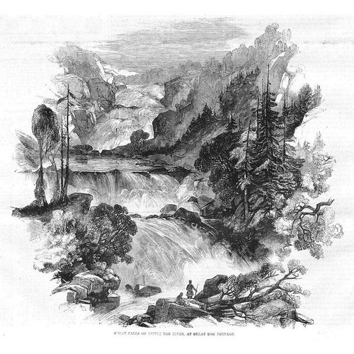 CANADA Great Falls on Little Dog River at Little Dog Portage Antique Print 1858