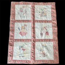 Vintage Nursery Rhyme Baby Quilt Blanket Pink Hand Sewn  Embroidered