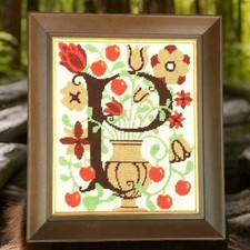 Vtg Complete Needlepoint Scroll Letter "P" Embellished MCM Wood Frame 13x15"