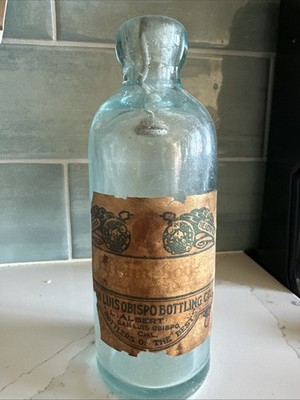 Rare Antique SLO SODA WORKS Hutchinson Bottle W/ Original Paper Label L. Albert