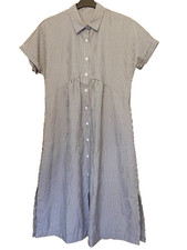 Ladies Size S Fit 12 14 16 Grey White Stripe Short Sleeve 47in  Midi Shirt DRESS