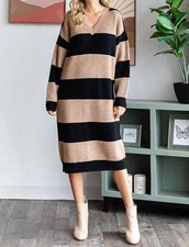 First Love Striped Knit Sweater Dress Black