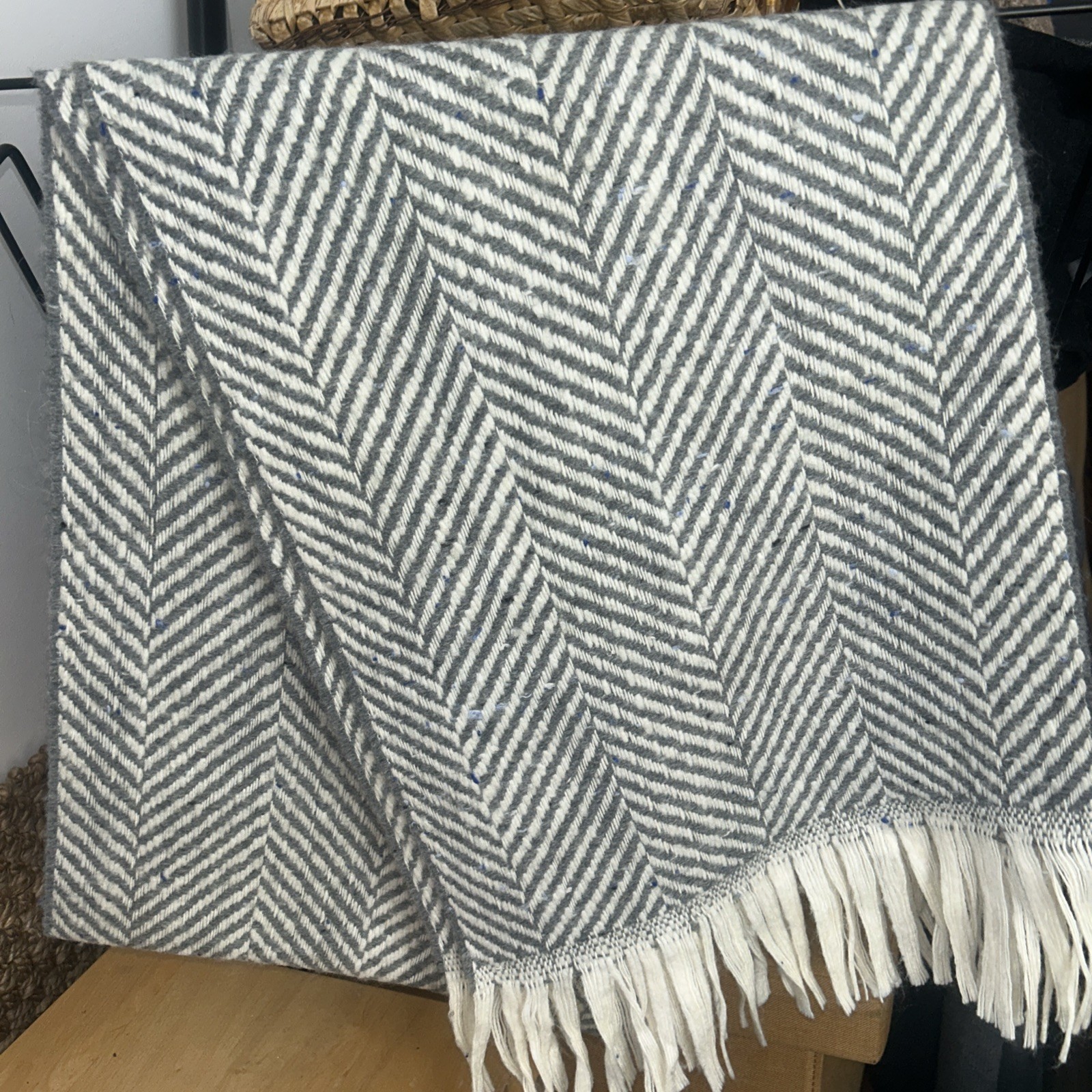 Two Tone Light Grey Wool Mix Patterned Scarf with… - image 1