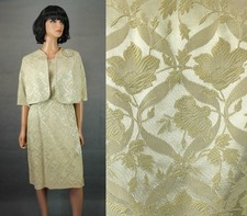 60s Dress Suit Sz L Vintage Beige Champagne Floral Satin Brocade Cocktail Gown