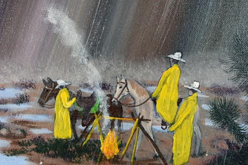 Abrigo amarillo de pintura al óleo de lona de 24" vaqueros bajo la lluvia paisaje arte fuego - Imagen 2 de 5