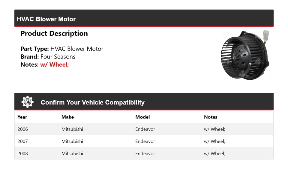 For 2006-2008 Mitsubishi Endeavor HVAC Blower Motor 4 Seasons 2007 - Image 2 of 4