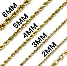 Stainless Steel 18k Gold PVD Coated Rope Chain Necklace 20" Men Women 2/3/4mm