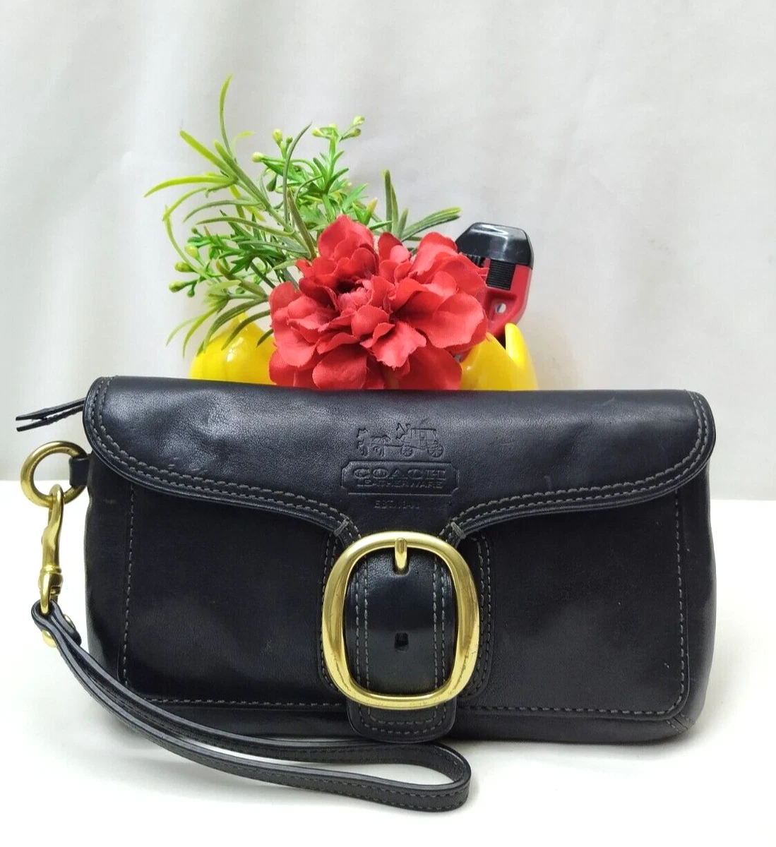 Coach Bleecker Black Leather Large Wristlet Buckle Evening Clutch