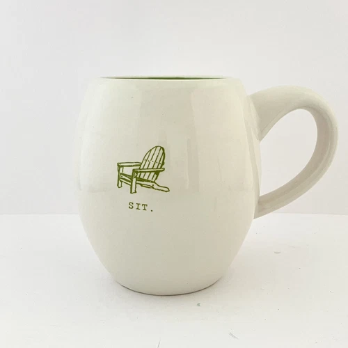 Rae Dunn Magenta M Stamp Coffee Mug Beach Lounge Chair Sit White Green Nautical.