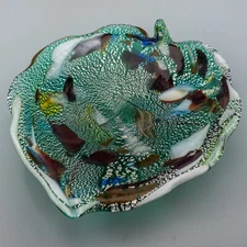 READ Murano Glass Italy Leaf Bowl Silver Flecks Green Multi Color 9 3/4" Vintage