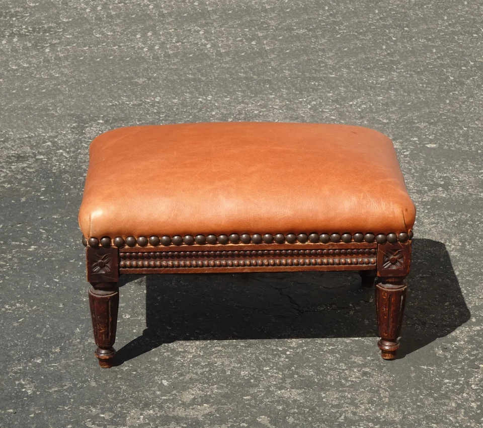Vintage French Provincial Burnt Orange Leather Footstool - Image 3 of 4