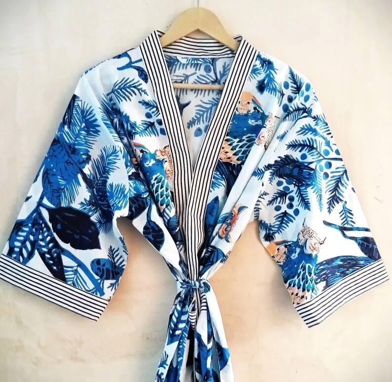 kimono ladies dressing gown Indian 100% Cotton Long Robe Floral Printed Women US retro denim dress