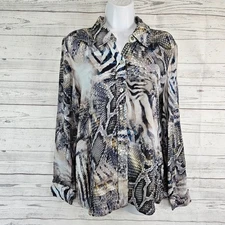 Elie Tahari Womens Button Up Top Sz Medium Blue Gray Animal Snakeskin Print