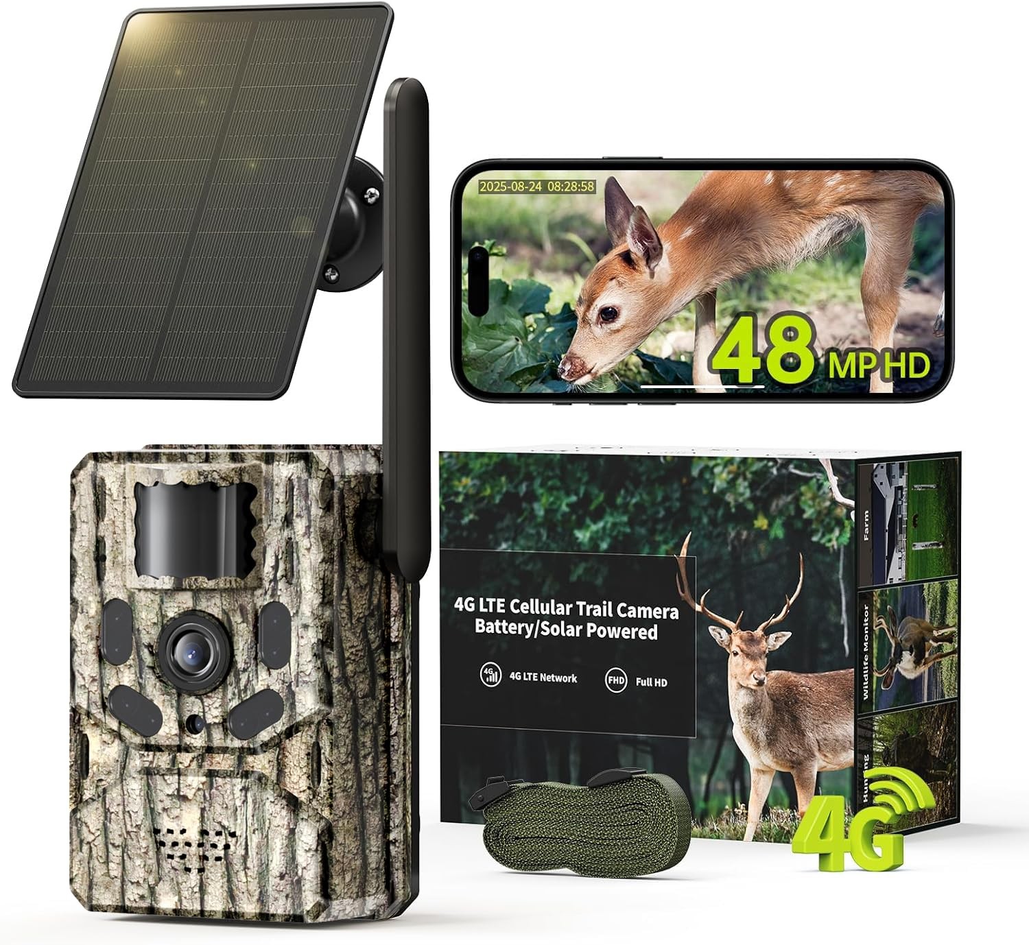 48MP Solar 4G LTE Hunting Camera with SIM Card, Outdoor 4K Camera