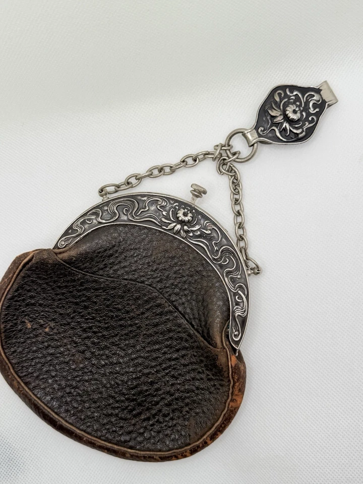 СТАРИННЫЙ CHATELAINE КАРМАН/КОШЕЛЕК КОЖИ СЕРЕБРЯНАЯ МЕТАЛЛИЧЕСКАЯ РАМКА ЦЕПОЧКА И КРЮК - Изображение 3 из 4