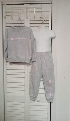 Champion Girls Heather Grey Jog Suit Sweatsuit Pink Logo Size 5 Set