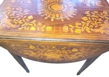 Antique Marquetry Wood Inlaid Floral Dual Drop Leaf Table 29" Tall Single Drawer