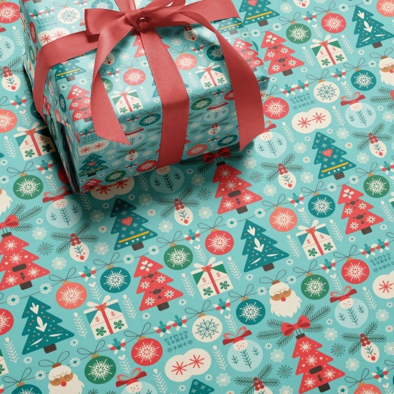 Teal Christmas Wrapping Paper, Mid Century Ornament Gift Wra