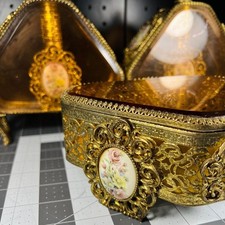 Vintage Gold Ormolu Filigree & Amber Beveled ...