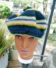 Vintage Knitted Stripe Beret with pom pom , Blue and Yellow Stripe