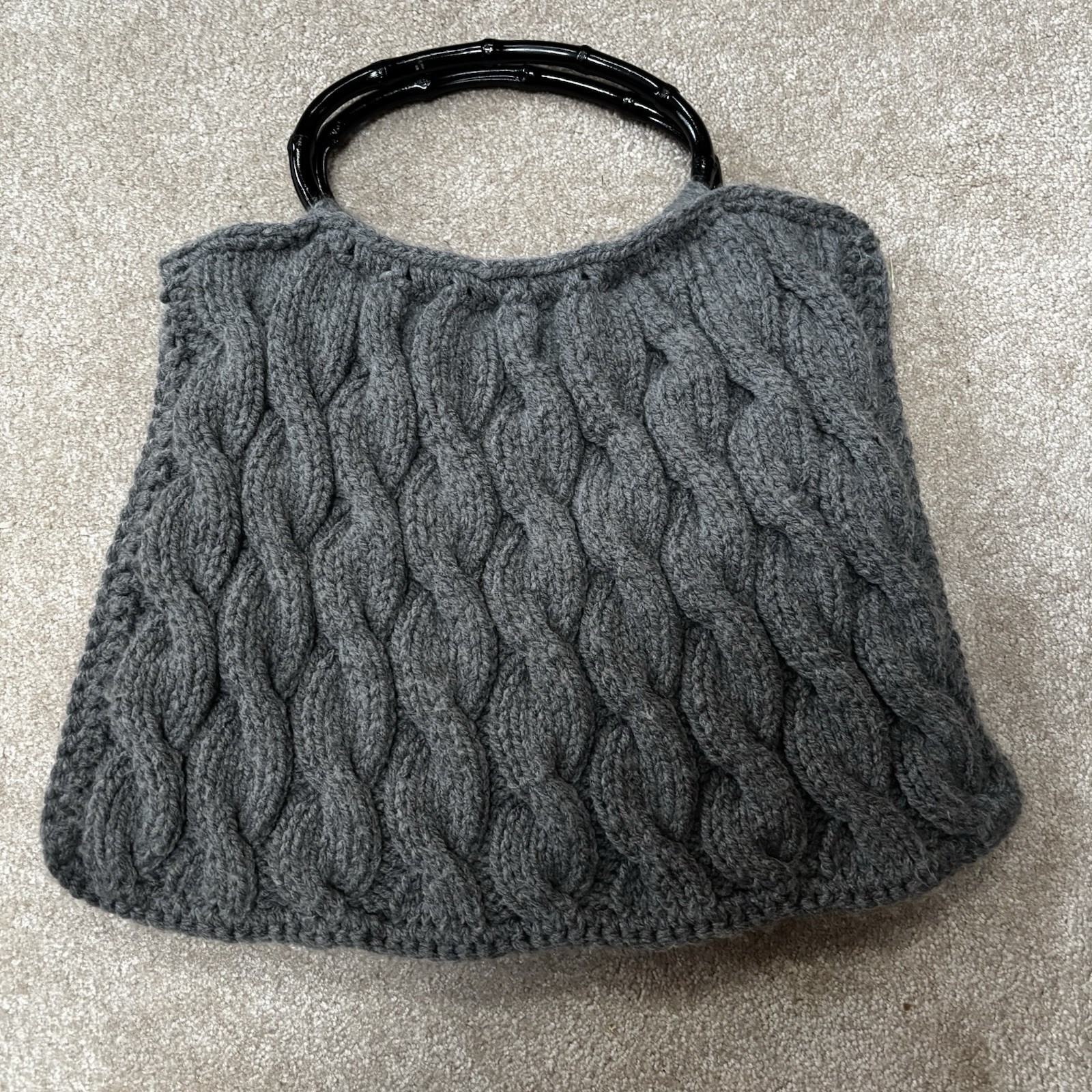 hand knit purse/tote cable design grey women’s lined,  black handles medium size