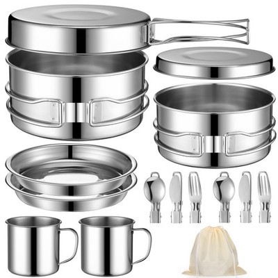 14 Piece Camp Cooking Set, Stainless Steel Camping Cookware with Pot and Pan ...