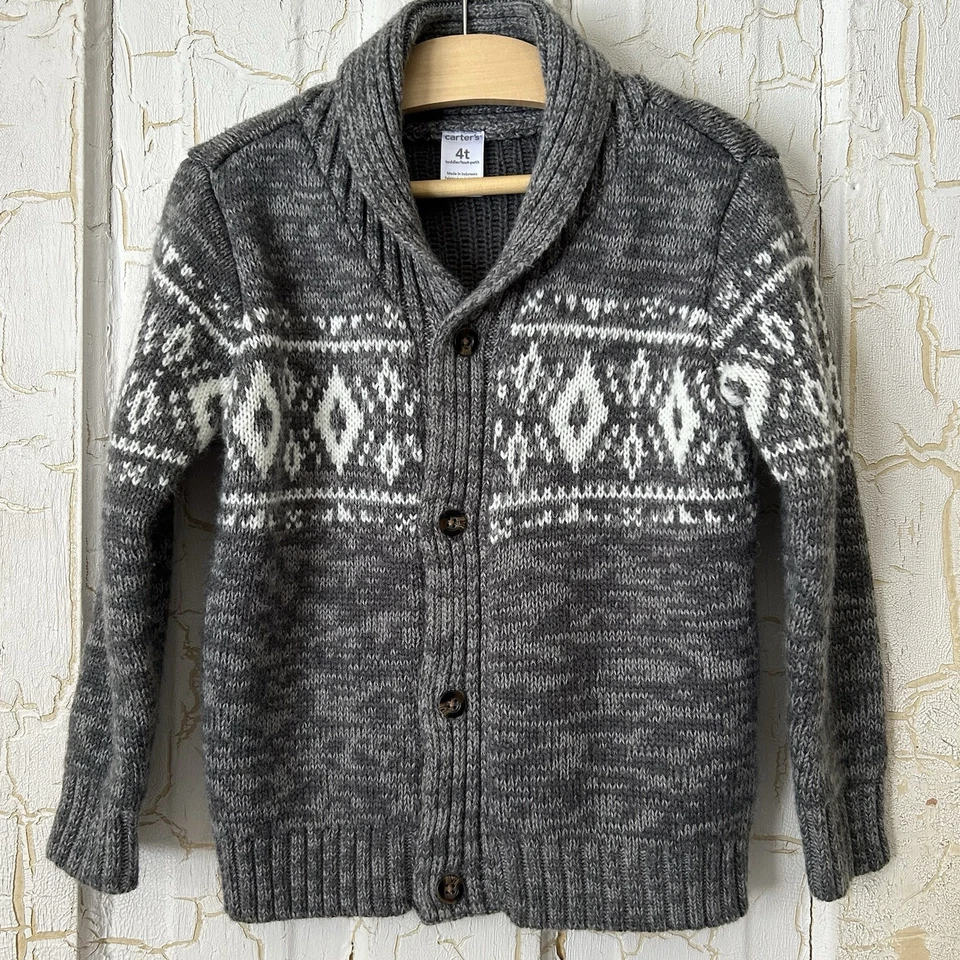 Carter’s Boys 4T Gray Ivory Fair Isle Button Cardigan Grandpa Fisherman EUC - Image 2 of 4