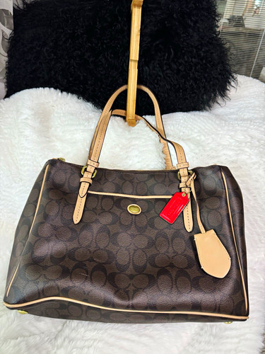 Coach Peyton Signature Jordan Double Zip Carryall F24603 Brown Tan Monogram