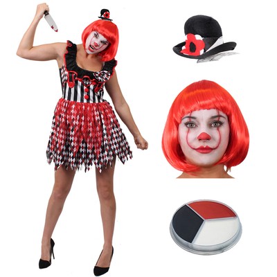DAMEN FRAUEN CLOWN KILLER HARLEKIN HALLOWEEN KOSTÜM S M L XL HUT