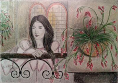 Cuban Art - En el Balcon (On the Balcony) by Jenizbel Pujol Jova 19.5 x 13.75