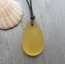 Hawaiian Jewelry Sea Glass Necklace, Yellow Necklace Leather Cord Necklace, Sea