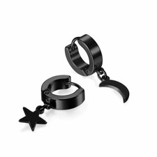 2PCS Stainless Steel Hoop Huggie Moon Star Pentagram Dangle Mens Womens Earrings