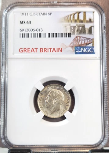 1911 GREAT BRITAIN SILVER 6 PENCE GEORGE V NGC MS 63 SCARCE GREAT COIN