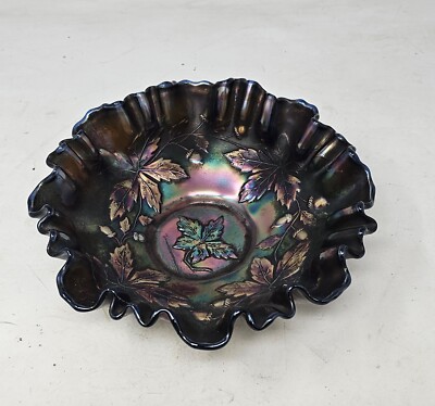 Vintage Fenton Kobalt Karneval Glas gekräuselte Schale Eicheln & Blätter