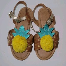 CAT JACK brown Faux Leather Pom Pom Pineapple Ankle Strappy Sandals. Girls 9