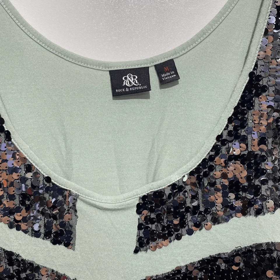 Camiseta sin mangas Rock & Republic para mujer verde plata lentejuelas cuello redondo talla mediana Foto 3 de 4