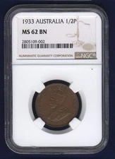 AUSTRALIA GEORGE V 1933 HALF-PENNY COIN, CHOICE UNCIRCULATED CERTIFIED NGC MS-62