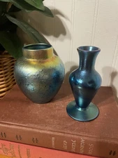 Lot Of 2 Vintage Lundberg Studios Iridescent Art Glass Vase Signed And Numbered