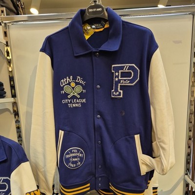Polo Ralph Lauren Fleece Letterman Jacke Tennis New York Größe L Farbe Blau Neu mit Etikett 