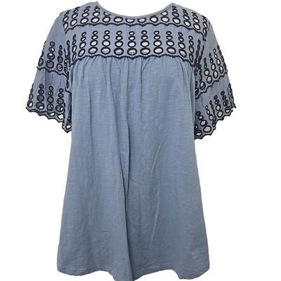 Cupio Large L Women's Blue Jersey Eyelet Trim Short Sleeve Tunic Top