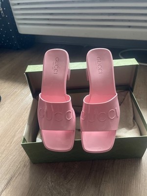 Gucci Rubber Logo Sandals Plastique White PVC Glossy Mule Platform