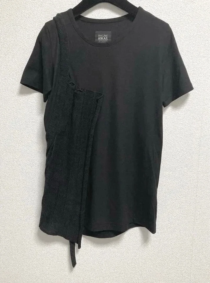 USED YOHJI YAMAMOTO ::: CUT AND SEW TOP, SHORT SLEEVE, BLACK GOOD - Image 2 of 4
