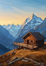 A Cabin Mountain View Painting Wall Art Print 12x18 Printed On Canvas