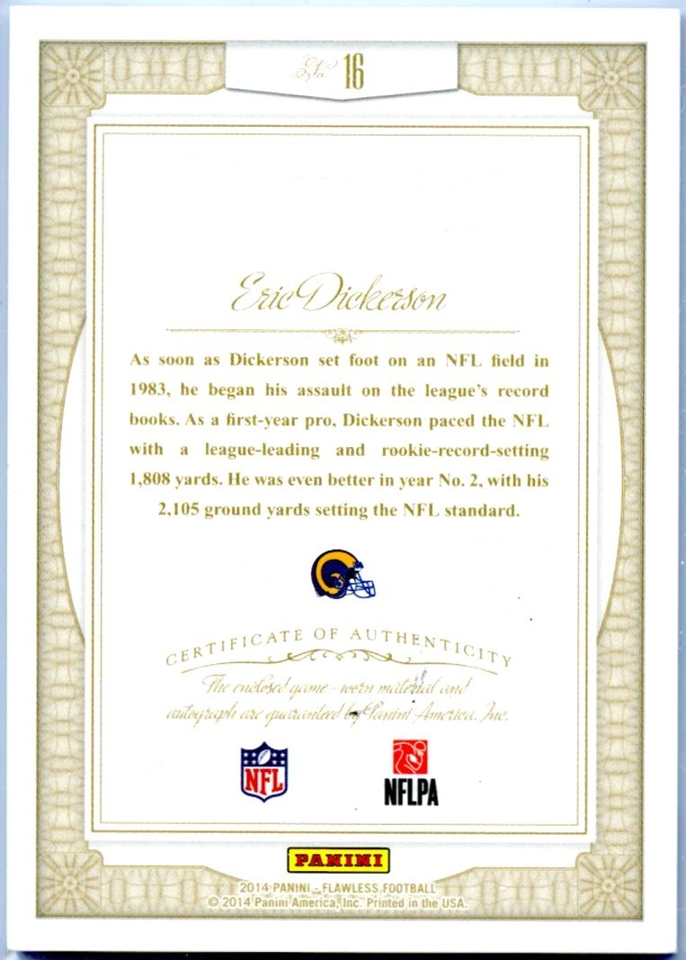 ERIC DICKERSON 2014 FLAWLESS GREATS RUBY RED GAME USED PATCH AUTO SP 7/15 RAMS view 2