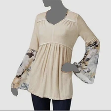 $125 Style & CO Women's Beige Green Floral Bell Sleeve Top Blouse Plus Size L
